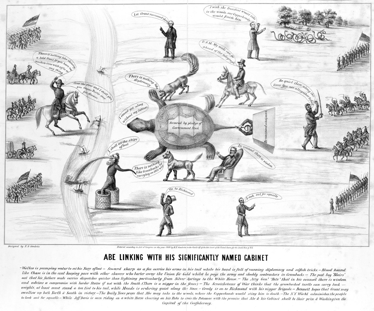 Abe Linking with his Significantly Named Cabinet, publicerad av M.E. Godwin 1864 av American School