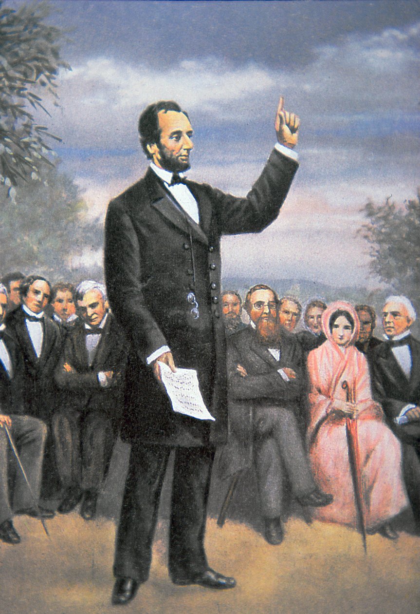 Abraham Lincoln (1809-65) håller Gettysburg-talet i Gettysburg, Pennsylvania, november 1863 (lito i färg) av American School