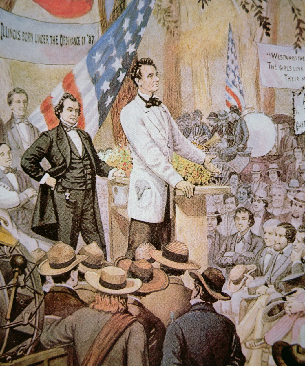 Abraham Lincoln (1809-65) i offentlig debatt med Stephen A. Douglas (1813-61) i Illinois av American School