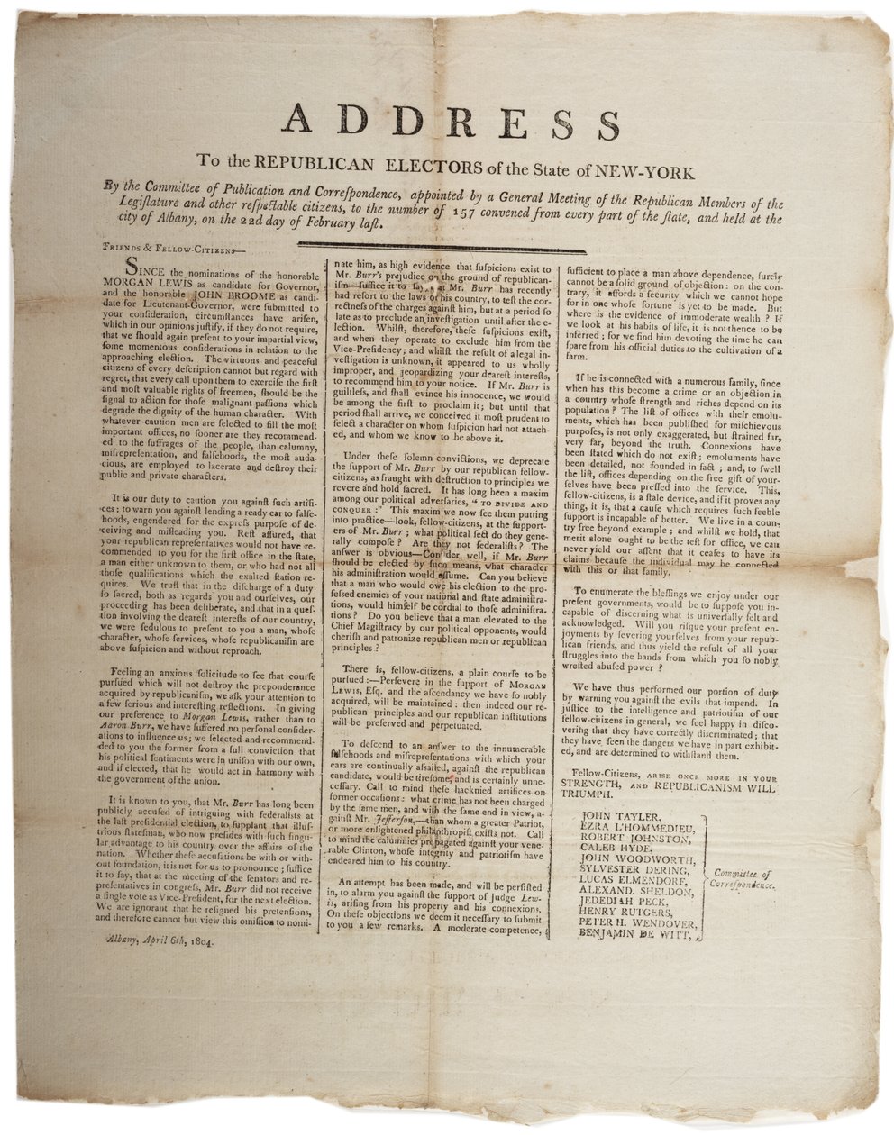 Tal till de republikanska elektorerna i delstaten New York, 6 april 1804 av American School