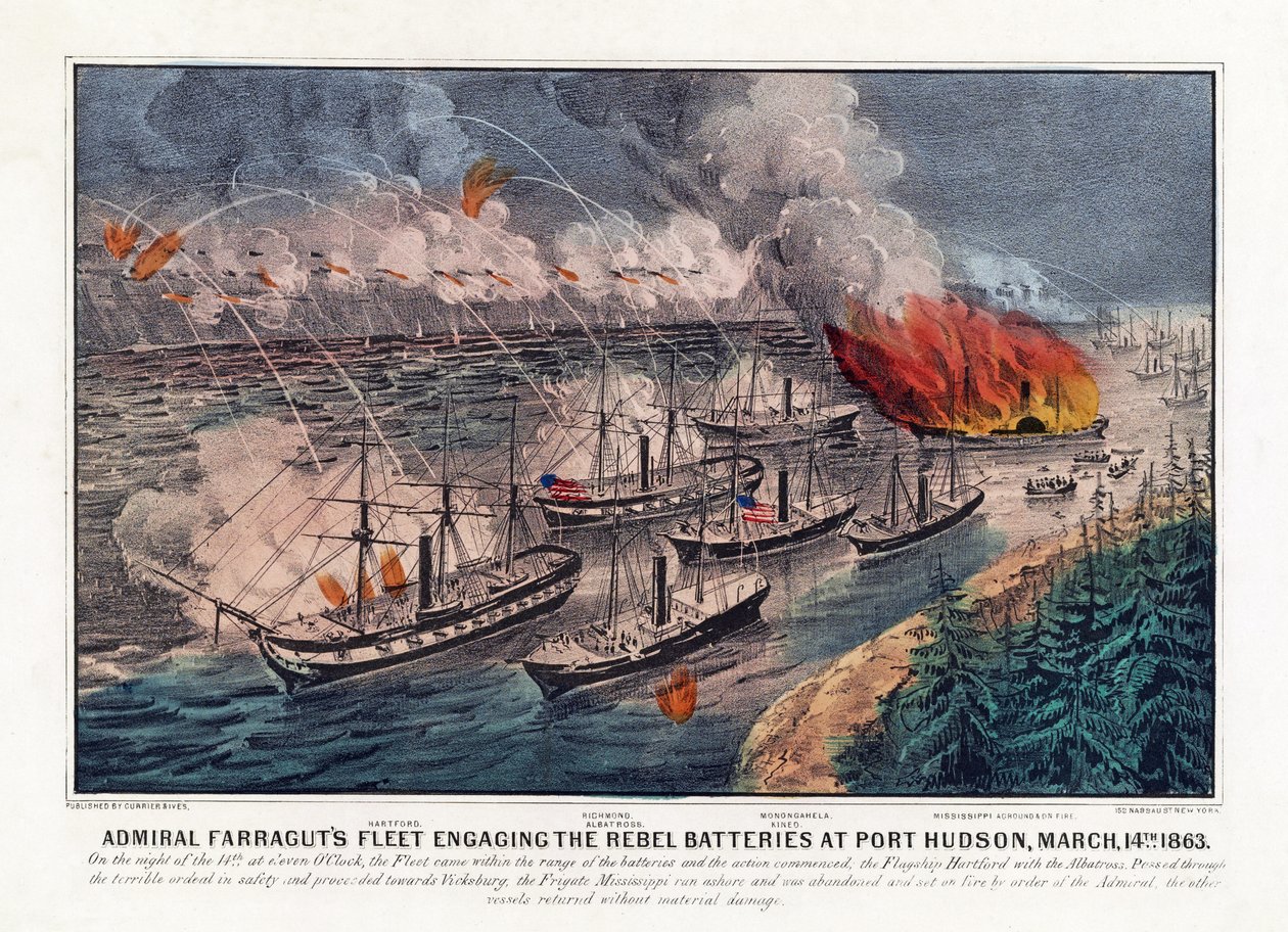 Amiral Farraguts flotta engagerar rebellbatterierna i Port Hudson, 14 mars av American School