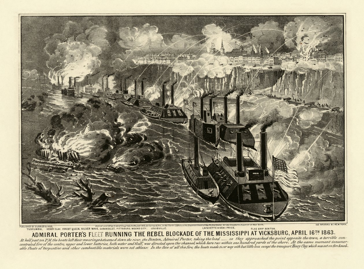 Amiral Porters flotta driver rebellblockaden av Mississippi i Vicksburg, 16 april 1863, pub. 1863 (gravyr) av American School