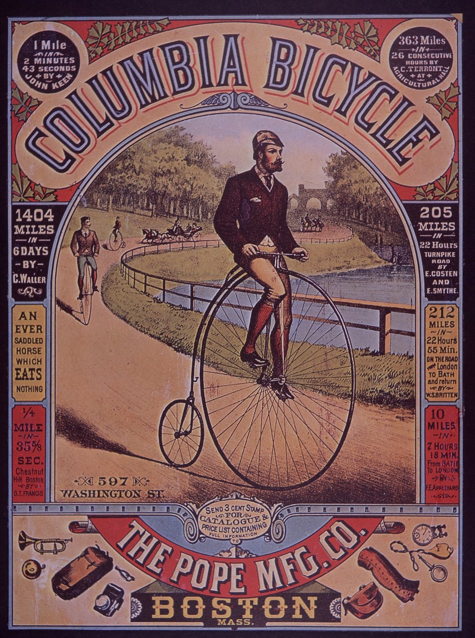 Annons för Columbia Penny-Farthing cykel, Boston, USA av American School
