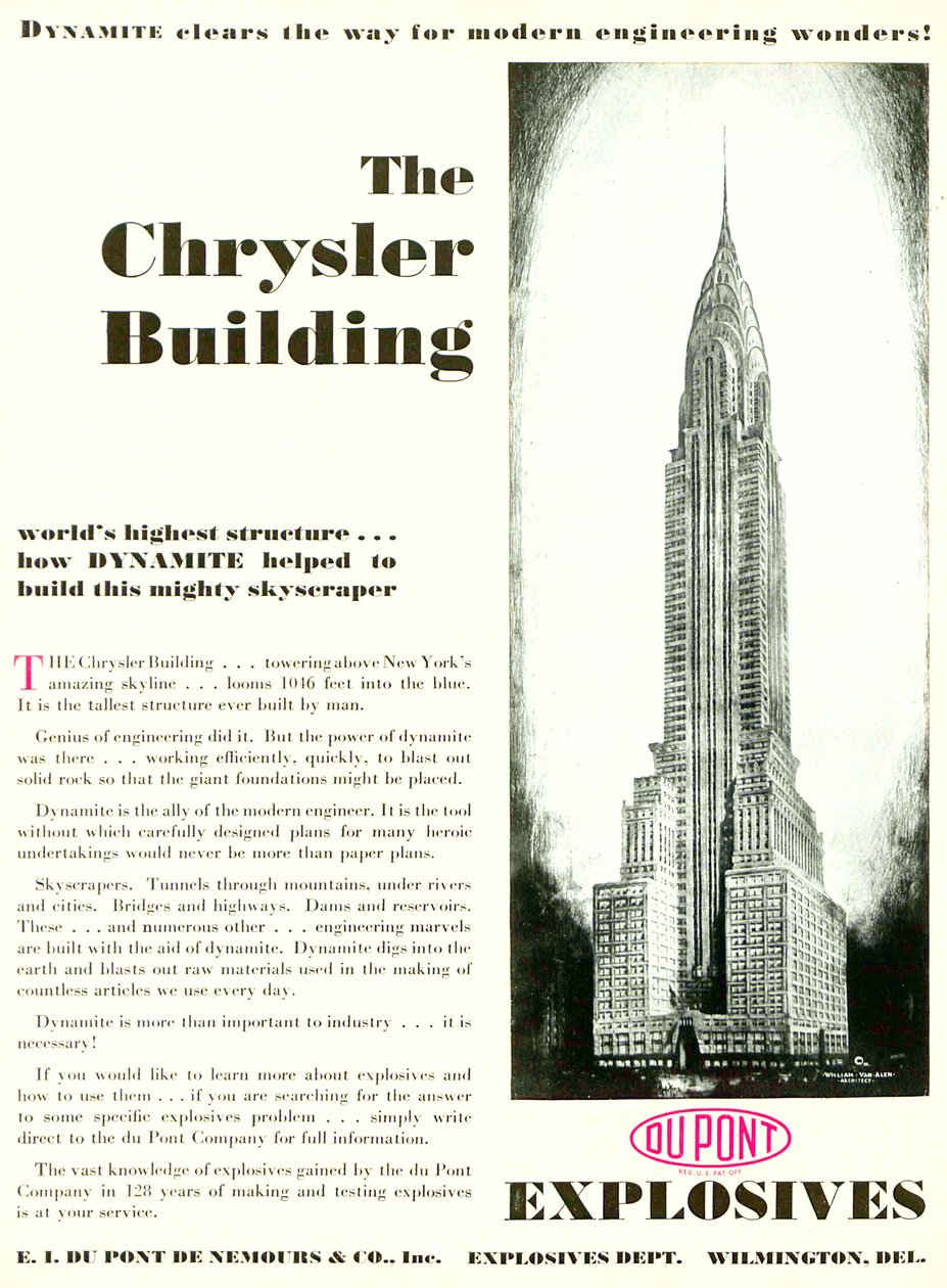 Annons med Chrysler Building, från DuPont Magazine, maj 1930 av American School