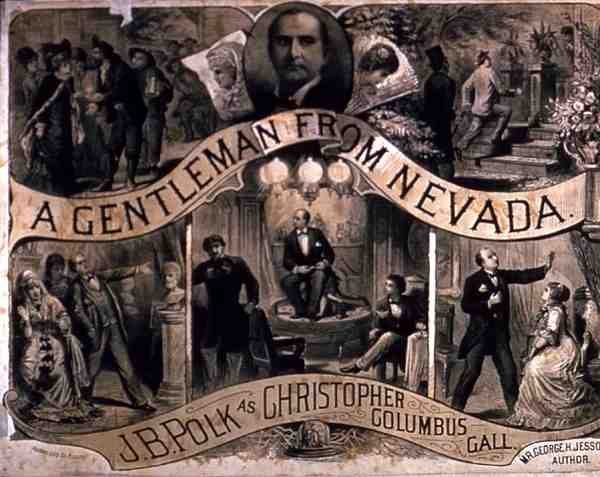 Annons för "A Gentleman from Nevada", en pjäs av George H. Jessop (gravyr) av American School