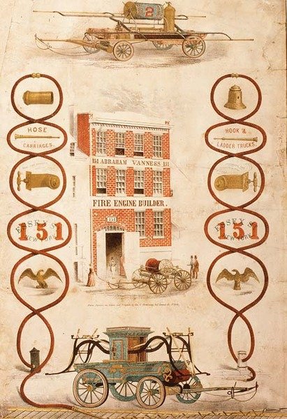 Annons för Abraham Vanness, brandbilsbyggare och tillverkare av brandbekämpningsutrustning, pub. av Geo. G. Gratacap, New York, ca 1850 (litho) av American School