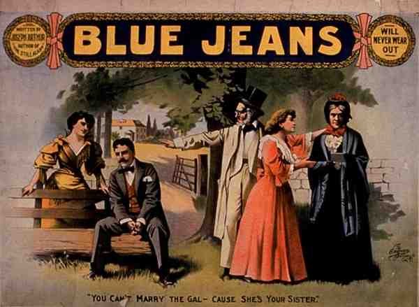 Annons för "Blue Jeans", skriven av Joseph Arthur (färg litho) av American School