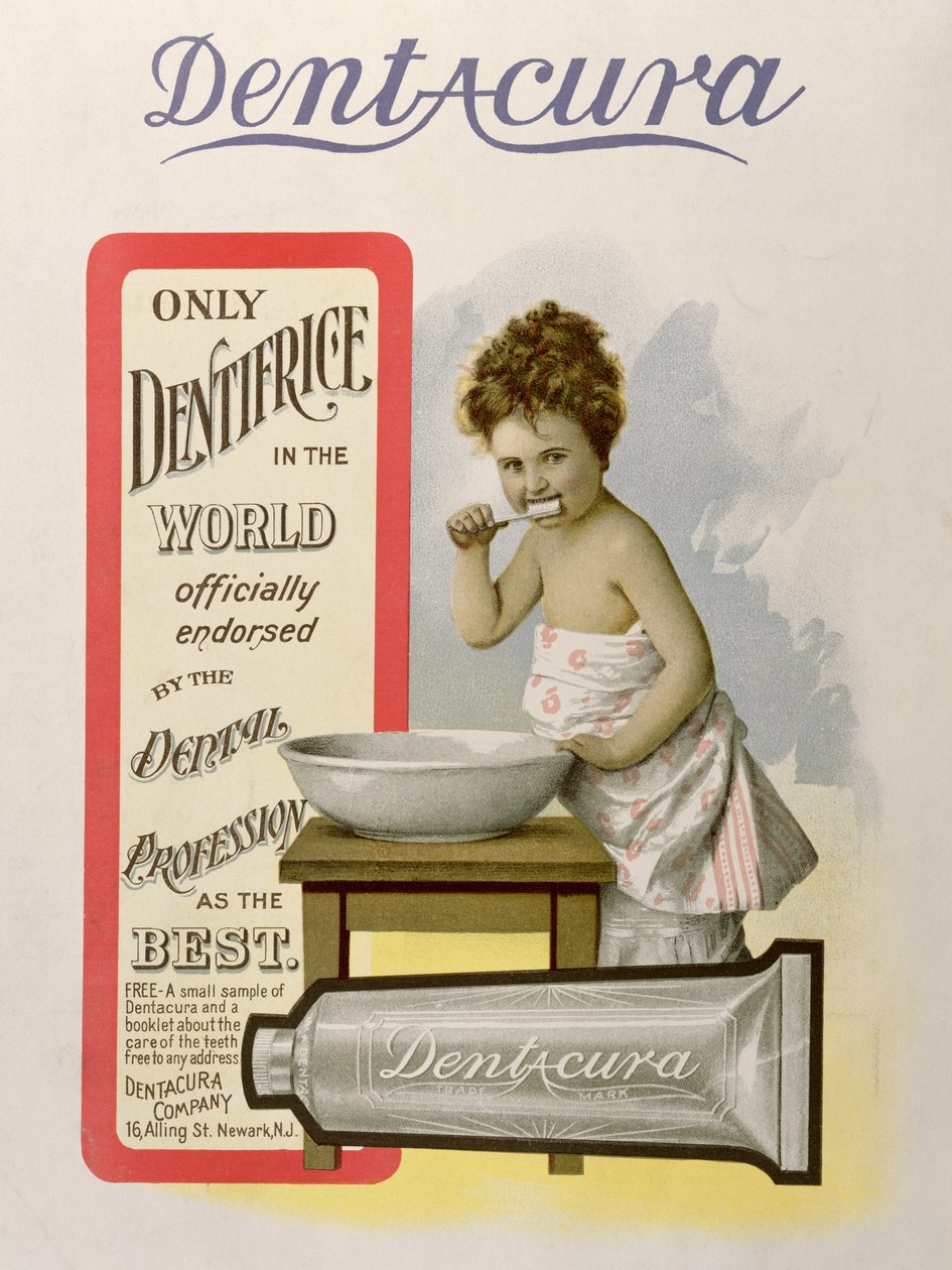 Annons för Dentacura Dentifrice, från Theatre Magazine, England, 1901 av American School