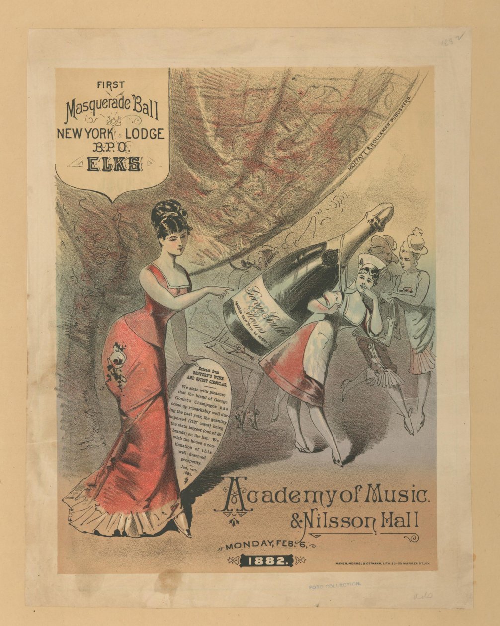 Annons för George Goulets Champagne, och en maskeradbal på Musikhögskolan & Nilsson Hall, ca 1876 av American School