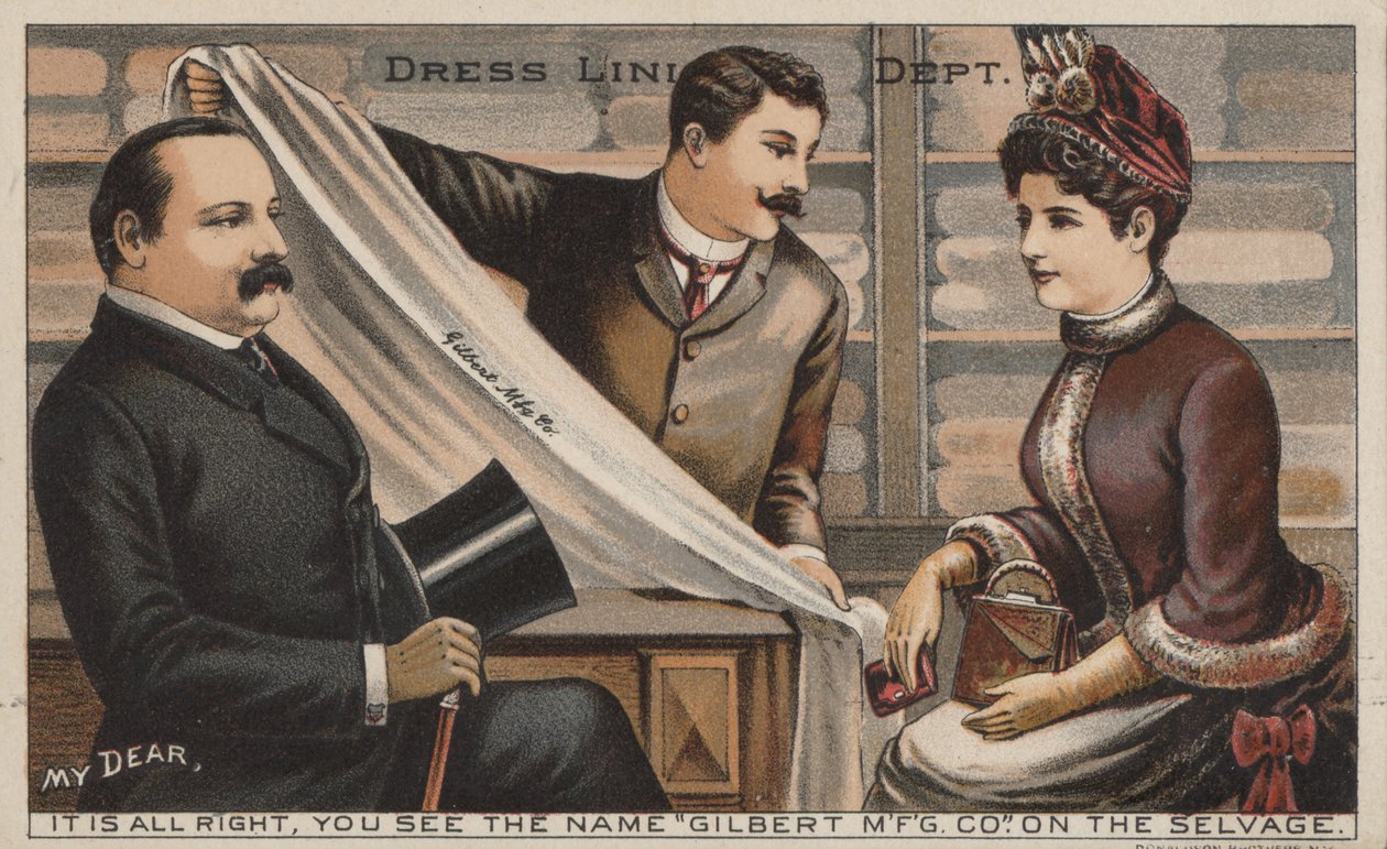 Reklam för Gilbert Manufacturing Company tyg (färglitografi) av American School