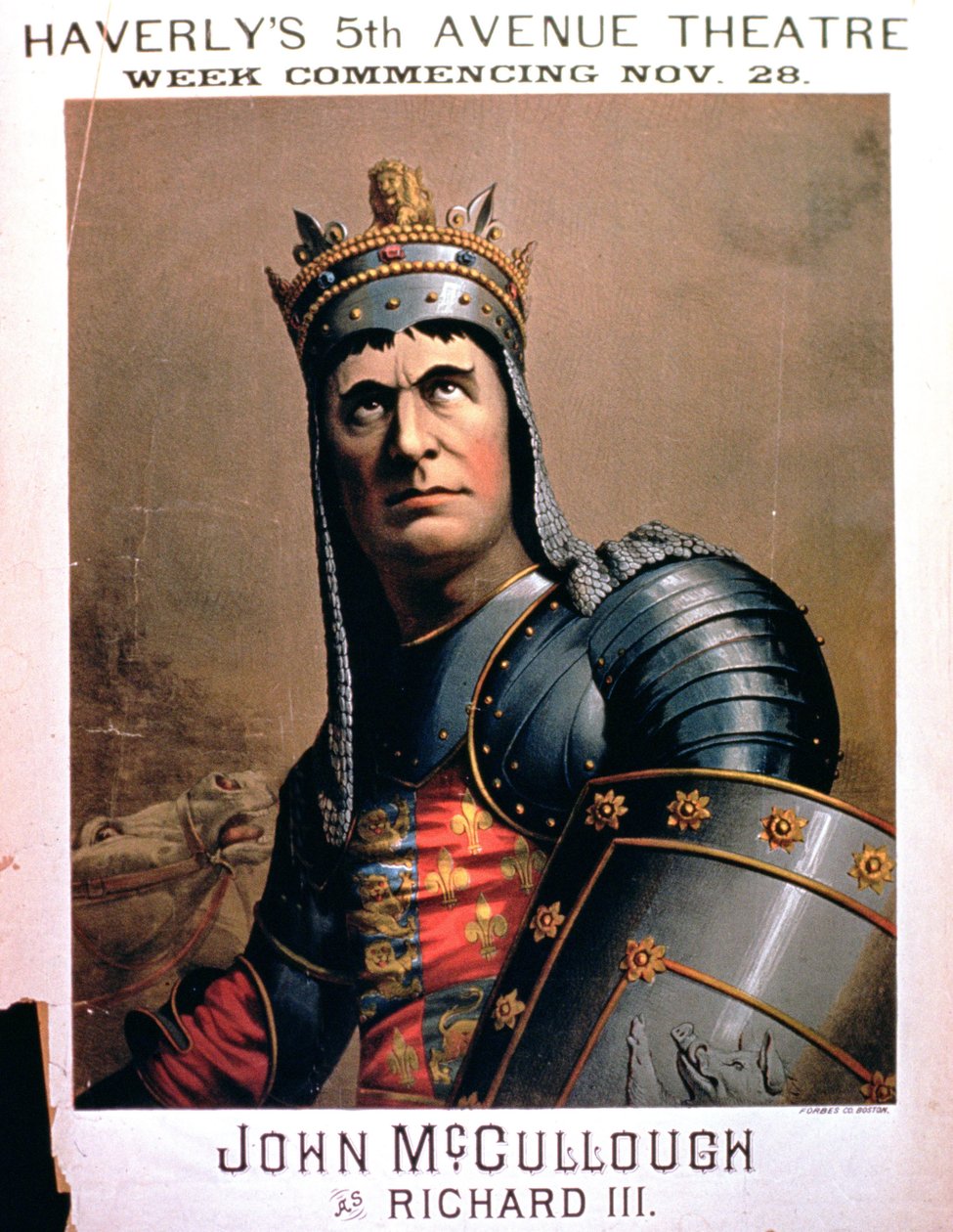 Annons för John McCullough som Richard III på Haverlys 5th Avenue Theatre, New York av American School