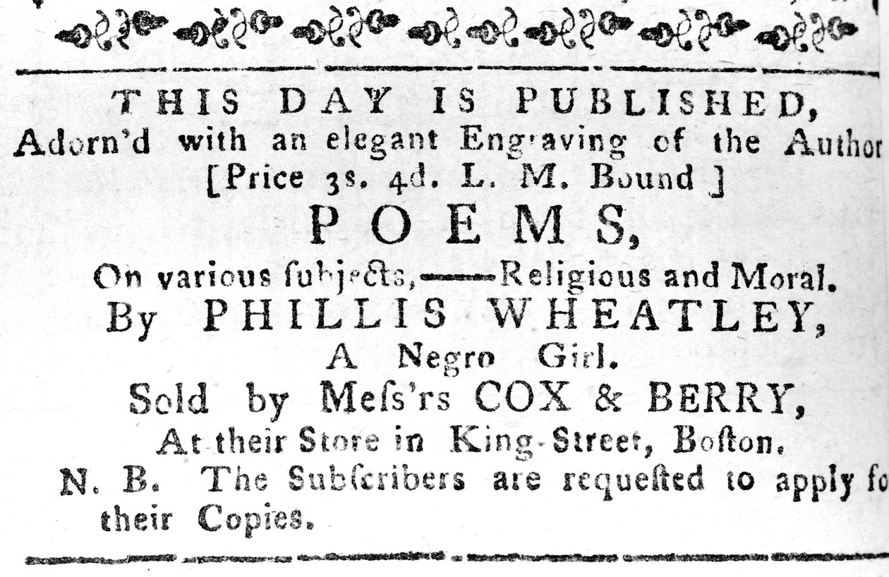 Annons för Phillis Wheatleys första bok, från Boston Gazette, 7 februari 1774 (tidningspapper) av American School