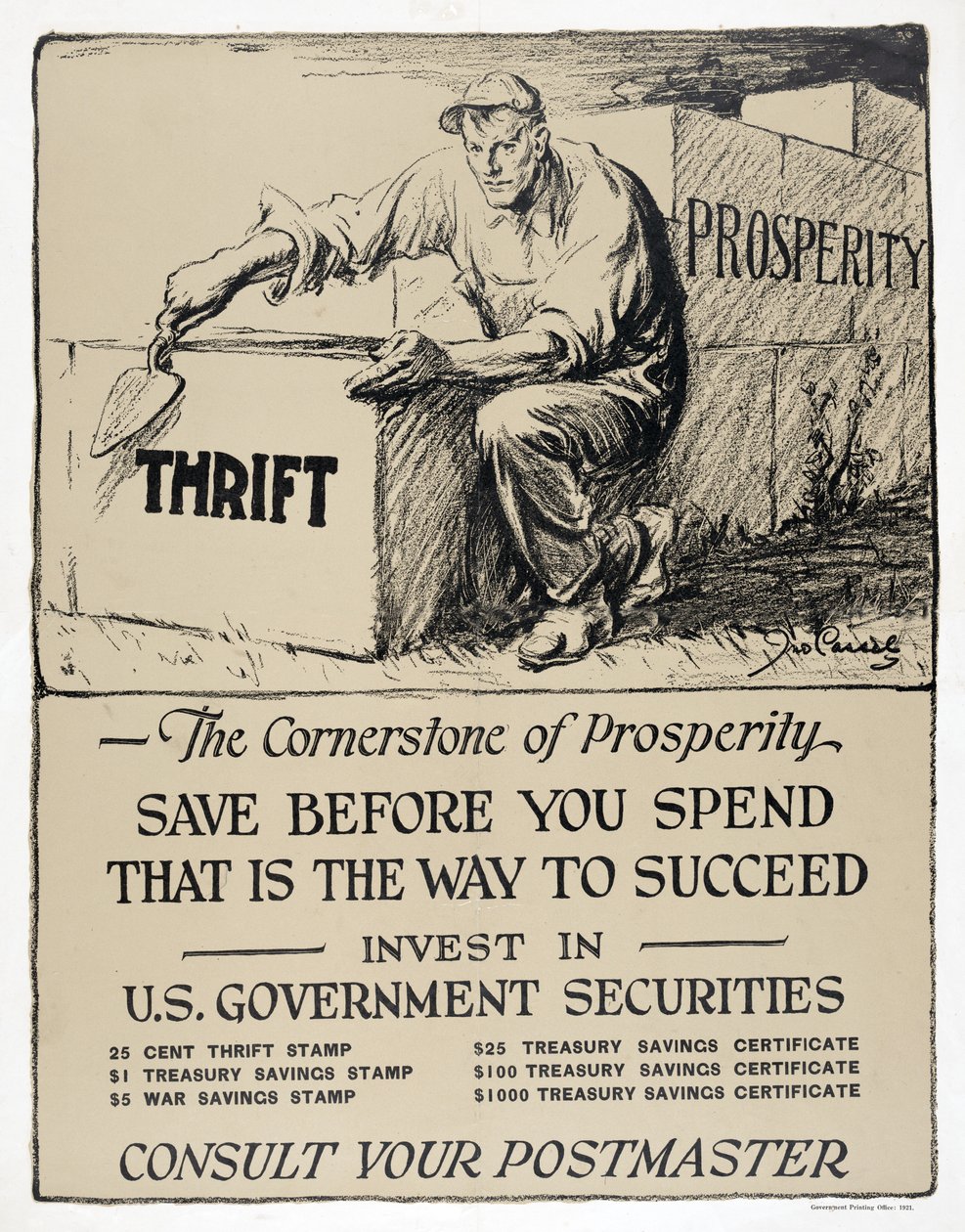 Annons för amerikanska statsobligationer, "The Cornerstone of Prosperity", publicerad 1921 (litografi) av American School