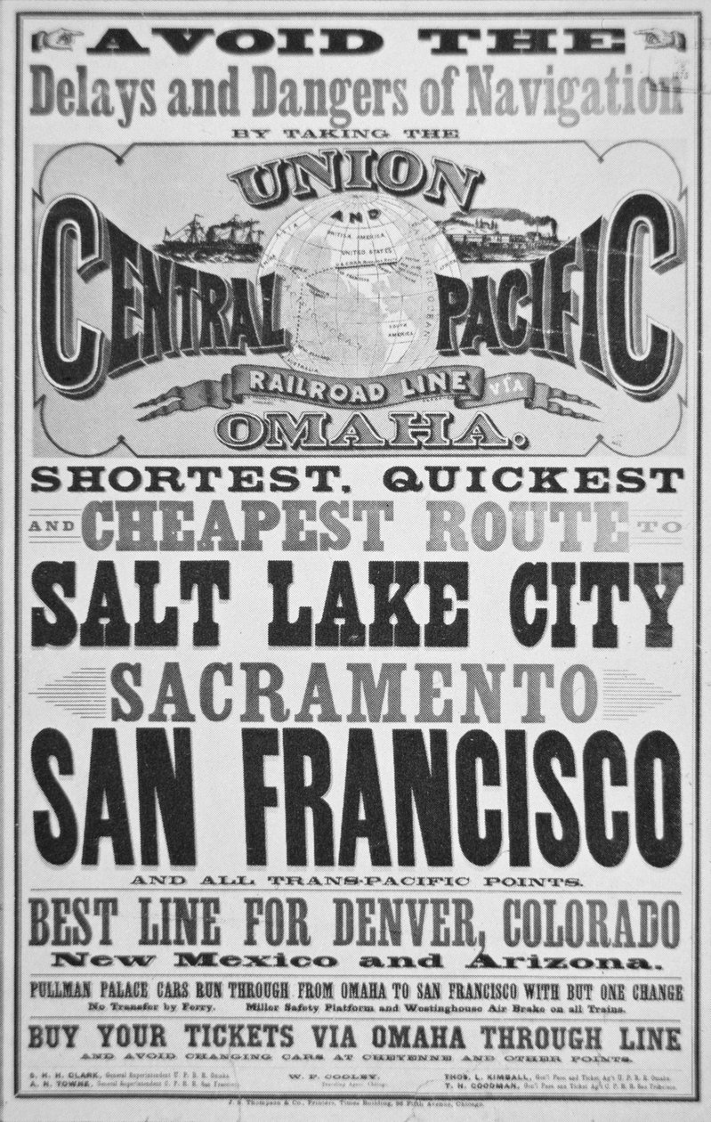 Annons för Union and Central Pacific Railroad Line, ca 1870 (litho) av American School