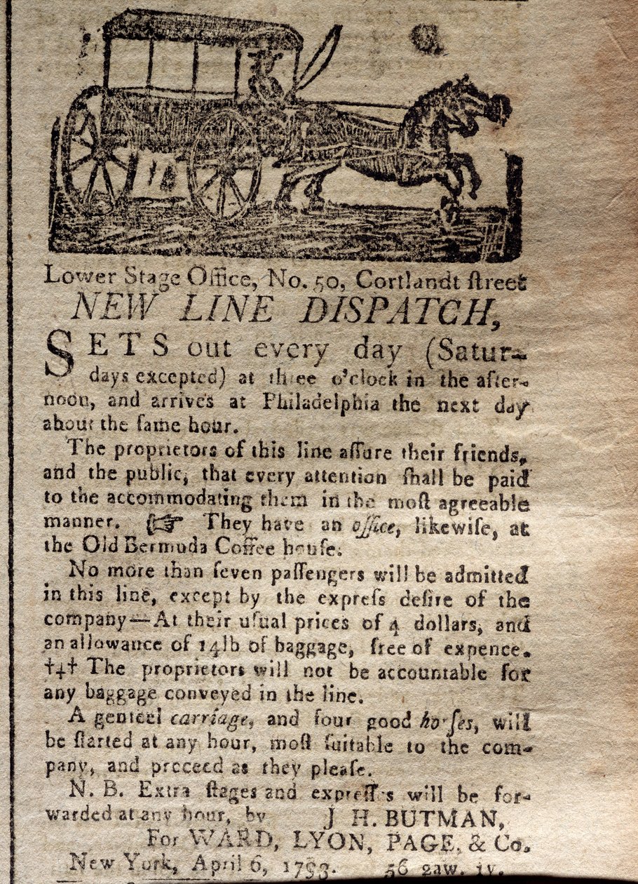 Annons för New Line Dispatch, från The New York Journal & Patriotic Register, 6 april 1793 (tryckt) av American School
