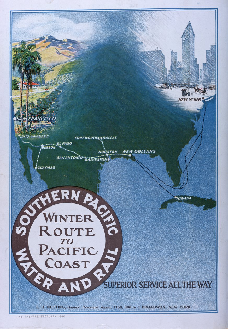 Annons för Winter Route to Pacific Coast of Southern Pacific Water and Rail, från Theatre magazine, 1910 av American School