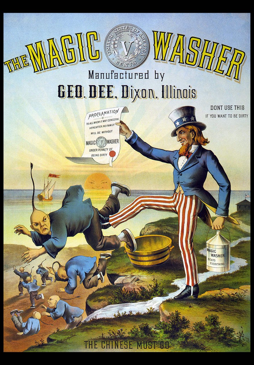 Reklam för en rengöringsprodukt som föreställer Uncle Sam som jagar en kines. av American School