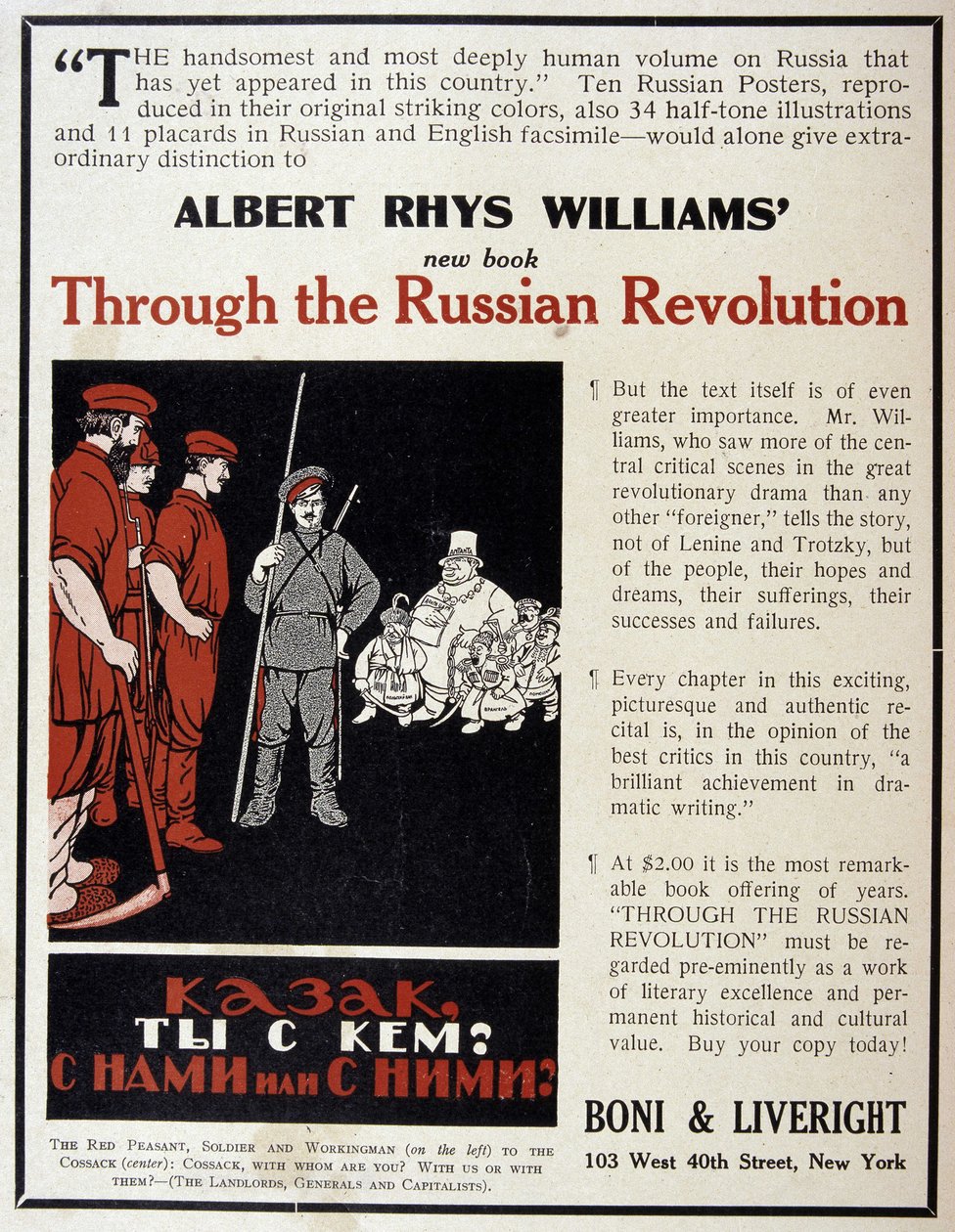 Reklam för försäljningen av boken ""The Russian Revolution"" av Albert Rhys Williams i en amerikansk tidskrift av American School