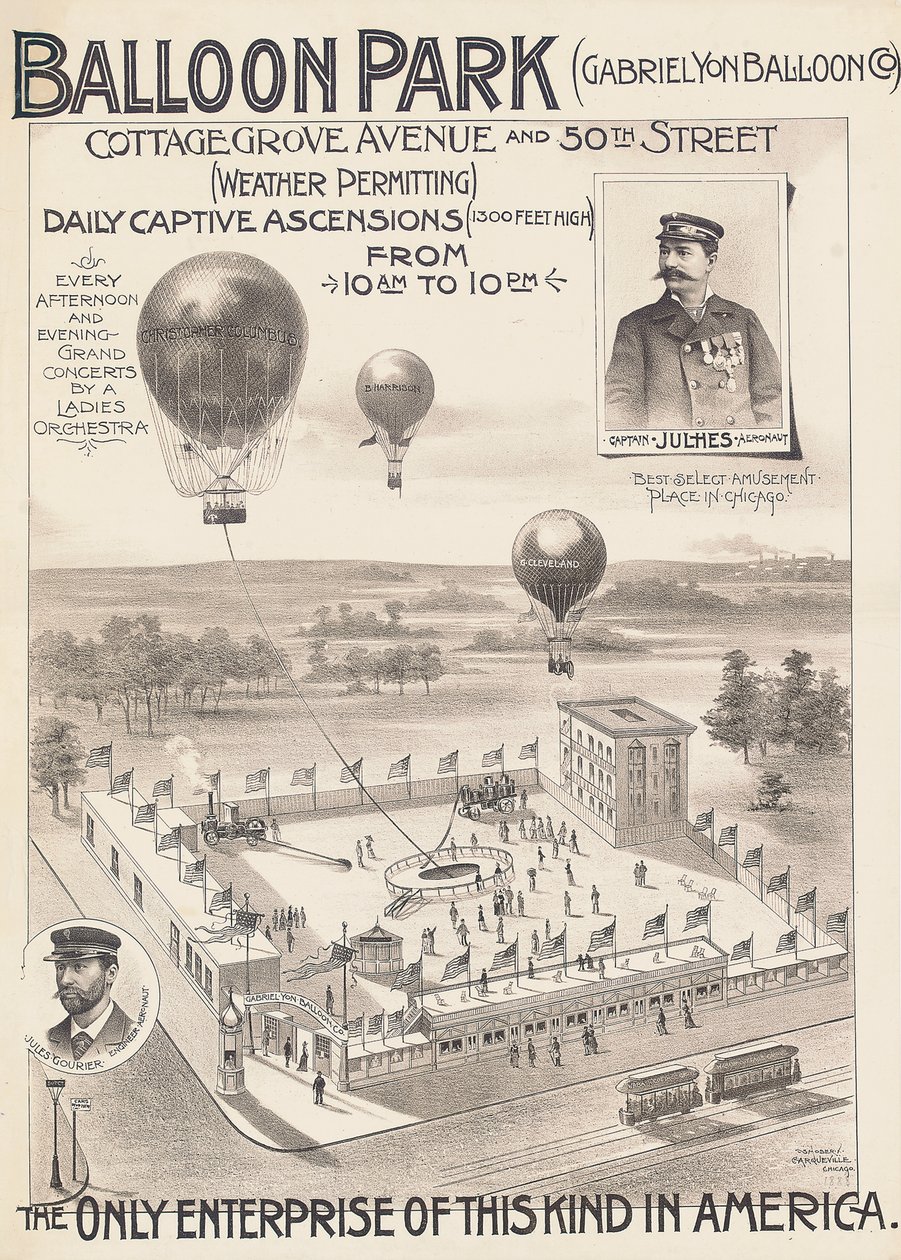 Reklamaffisch för en ballongpark i Chicago, USA, ca 1888 av American School