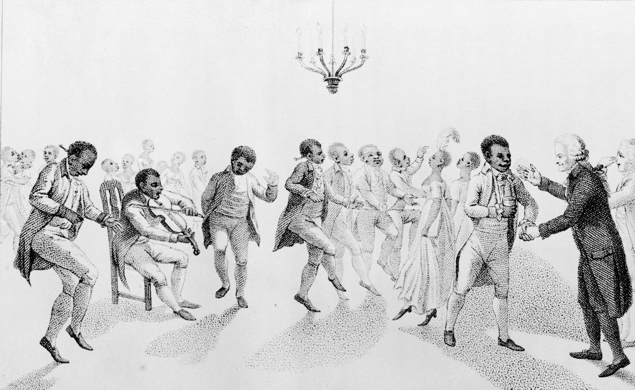 Afroamerikaner på bal med guvernör John Hancock (1737-93) från The Echo, med andra dikter av Richard Alsop (1761-1815) 1807 av American School