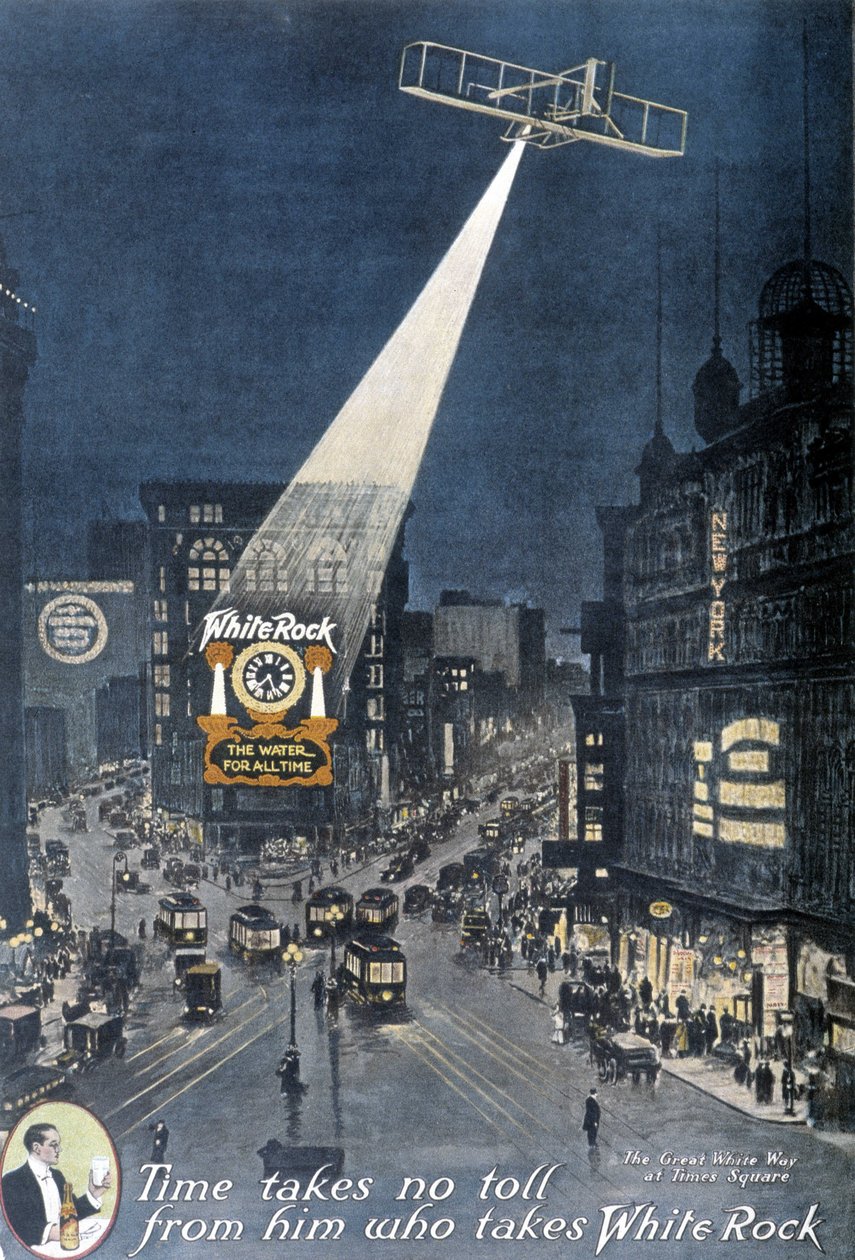 Alkoholreklam "" White Rock"": Ett plan som lyser upp "White Rock"-affischen som hänger på en byggnad på Times Square i New York. 1912. av American School