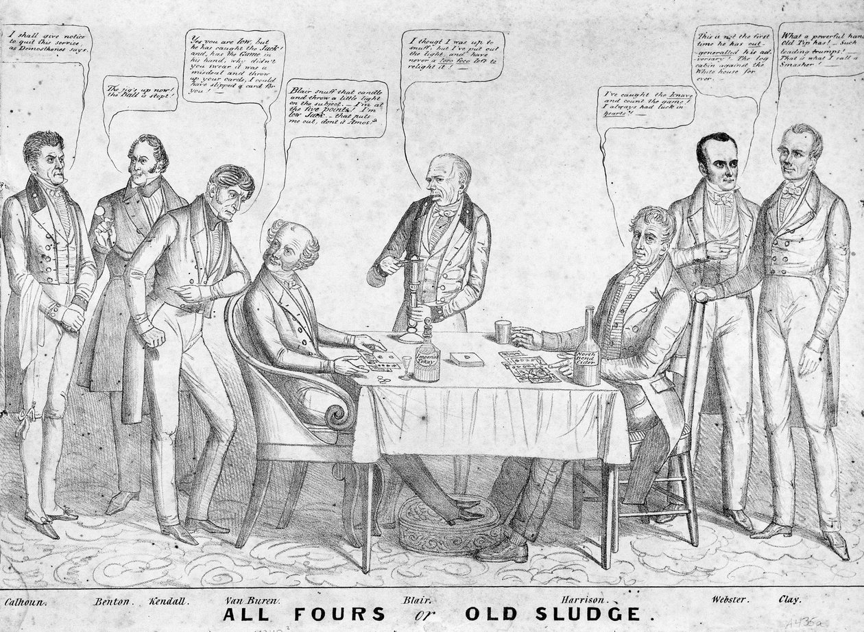 All Fours or Old Sludge, politisk tecknad serie föreställande president Martin Van Buren (1782-1862) som spelar kort mot William Henry Harrison (1773-1841) bland andra statsmän och politiker, 1836 (litho) av American School