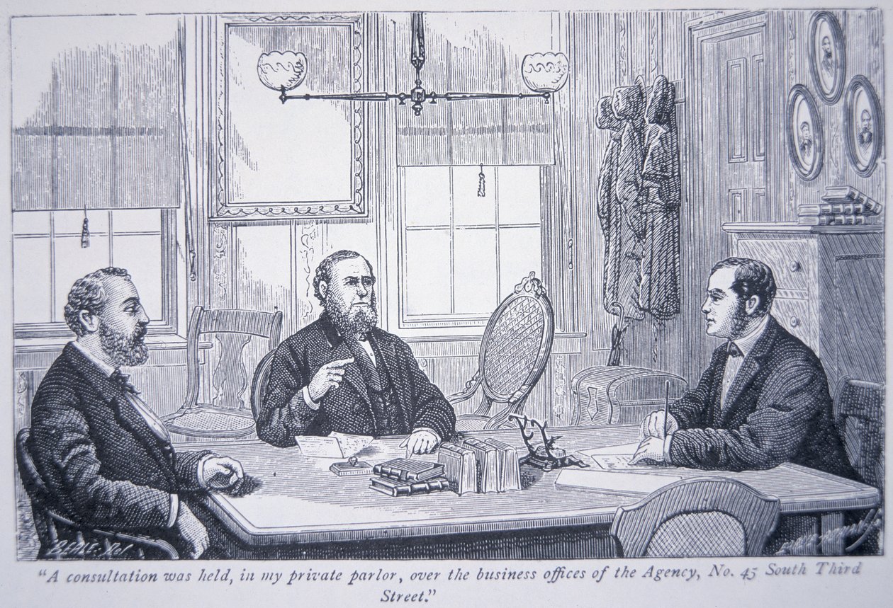 Allan Pinkerton i samråd med kunder på hans kontor i Philadelphia av American School