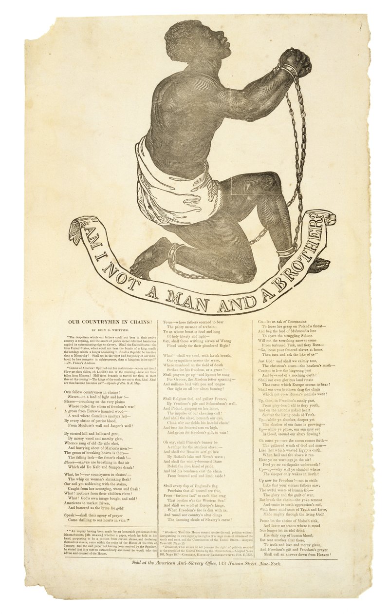 Är jag inte en man och en bror?, c. 1837 (trägravyr på vävt papper) av American School
