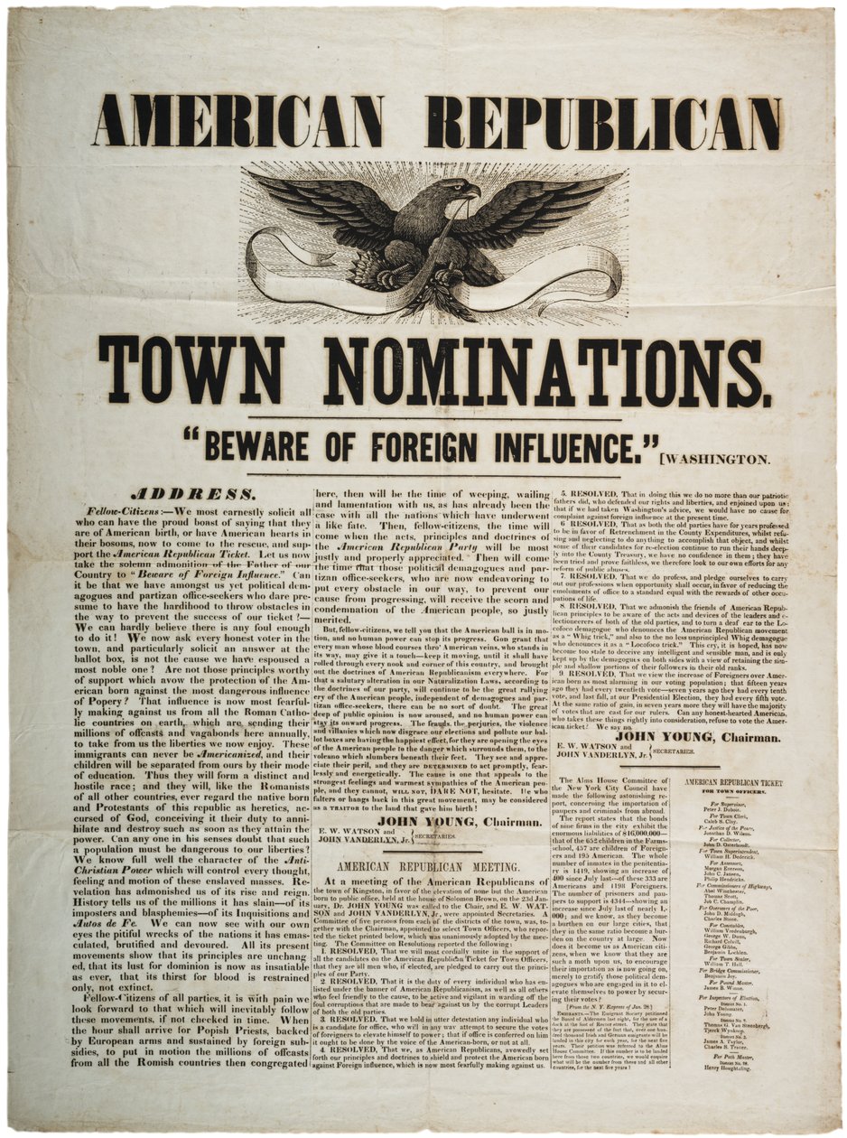 American Republican Town Nominations: Se upp för utländskt inflytande, c.1845 av American School