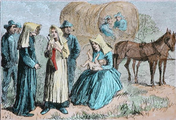 American Wagon Train Pioneers, c.1860 (färgad gravyr) av American School