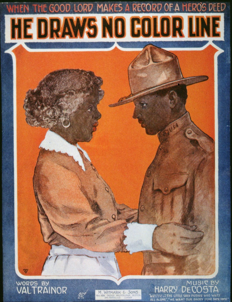 American World War I Songsheet för "He Draws No Color Line" (färg litho) av American School