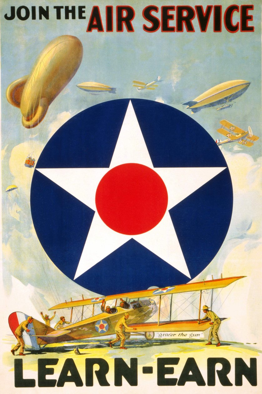 Amerikansk affisch "Join the Air Service Learn - earn."" redigerad mellan 1917 och 1920. av American School