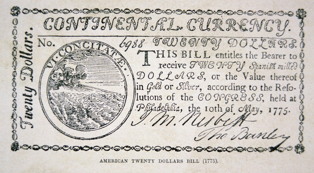 Amerikansk tjugodollarsedel från 1775 (litho) av American School