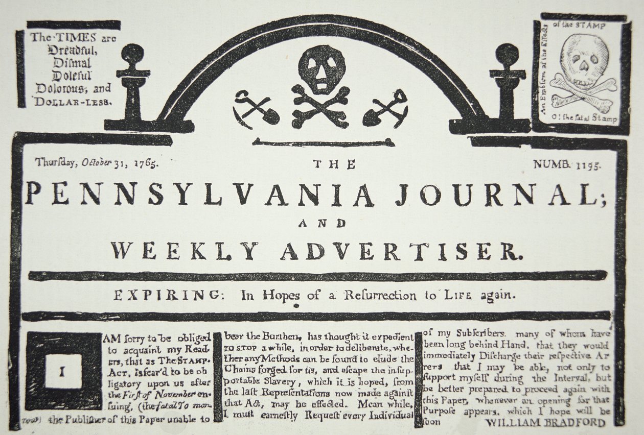Ett amerikanskt svar på den brittiska stämpellagen, pub. i The Pennsylvania Journal and Weekly Advertiser den 31 oktober 1765 (tidningspapper) av American School