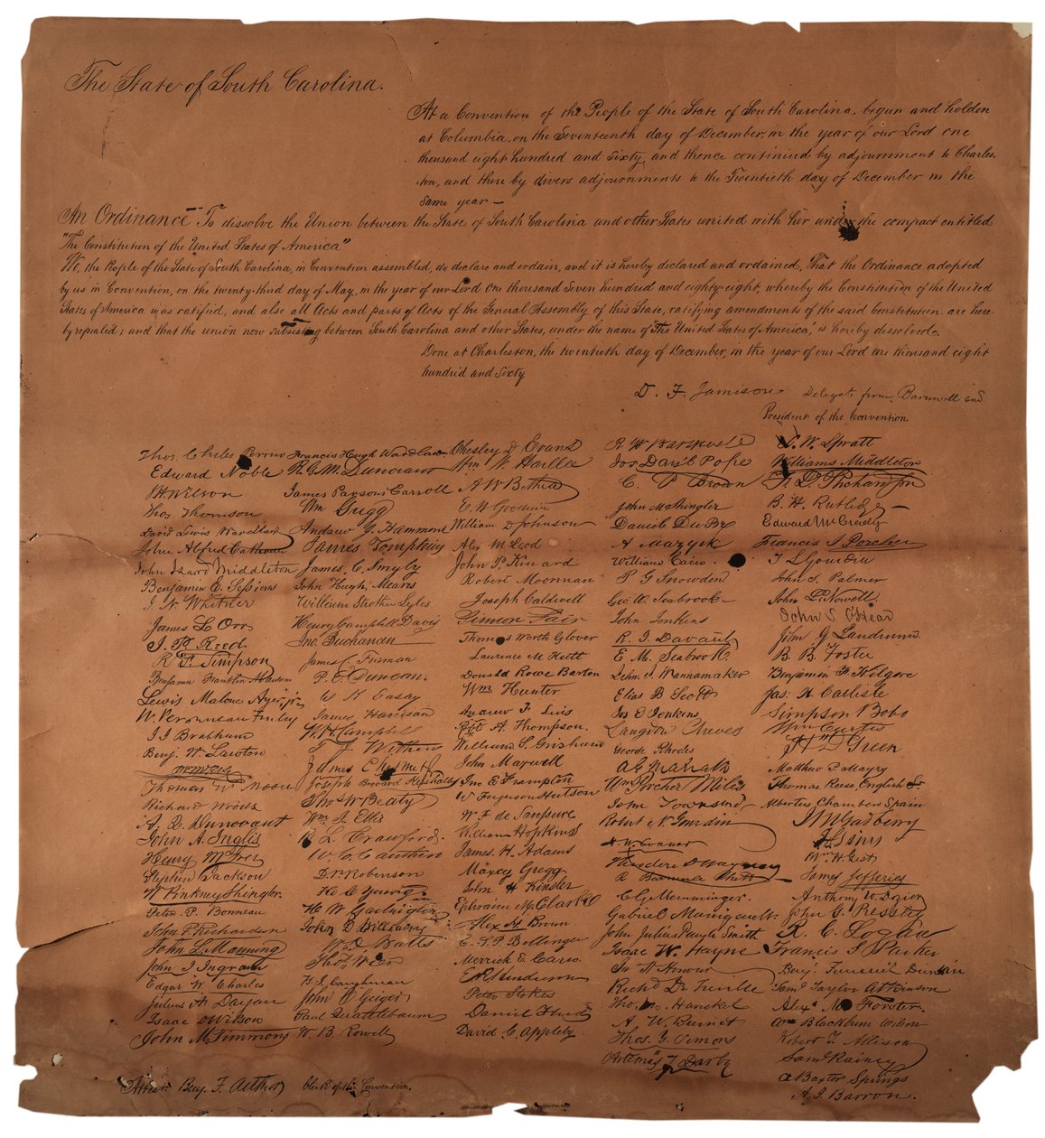 En förordning om att upplösa unionen mellan delstaten South Carolina, 20 december 1860, tryckt 1861 av American School