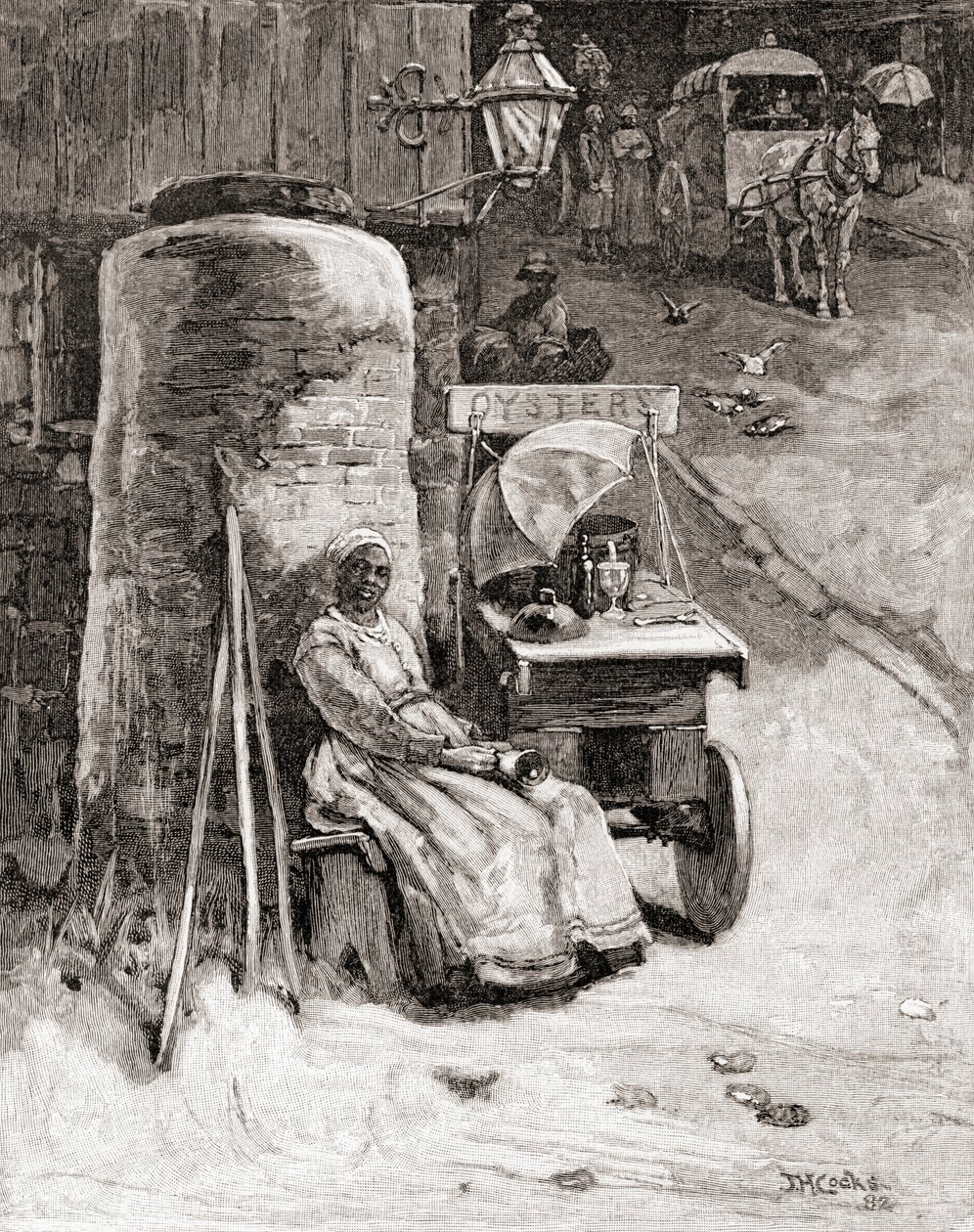 En ostronförsäljare med sin vagn nära Washington Navy Yard, Washington D.C., på 1800-talet, från "The Century Illustrated Monthly Magazine", publicerad 1884 (gravyr) av American School