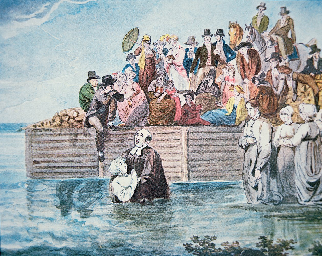 Anabaptister i Philadelphia bevittnar ett fullständigt dop i en flod (färg litho) av American School
