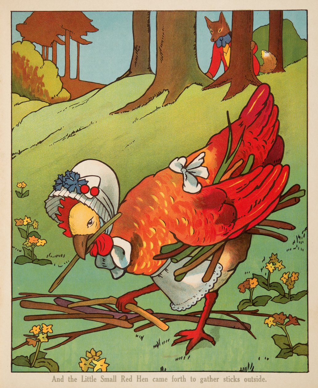 "Och den lilla röda hönan kom fram för att samla pinnar utanför", från Peter Rabbit Little Red Hen and Owl and Pussy Cat pub. Charles E Graham & Co. c. 1900 (kromolitografi) av American School