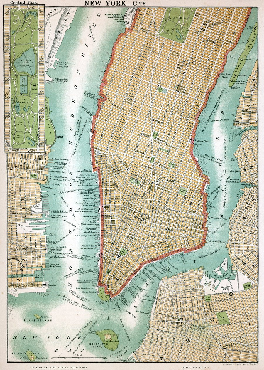 Antik karta över Lower Manhattan och Central Park av American School