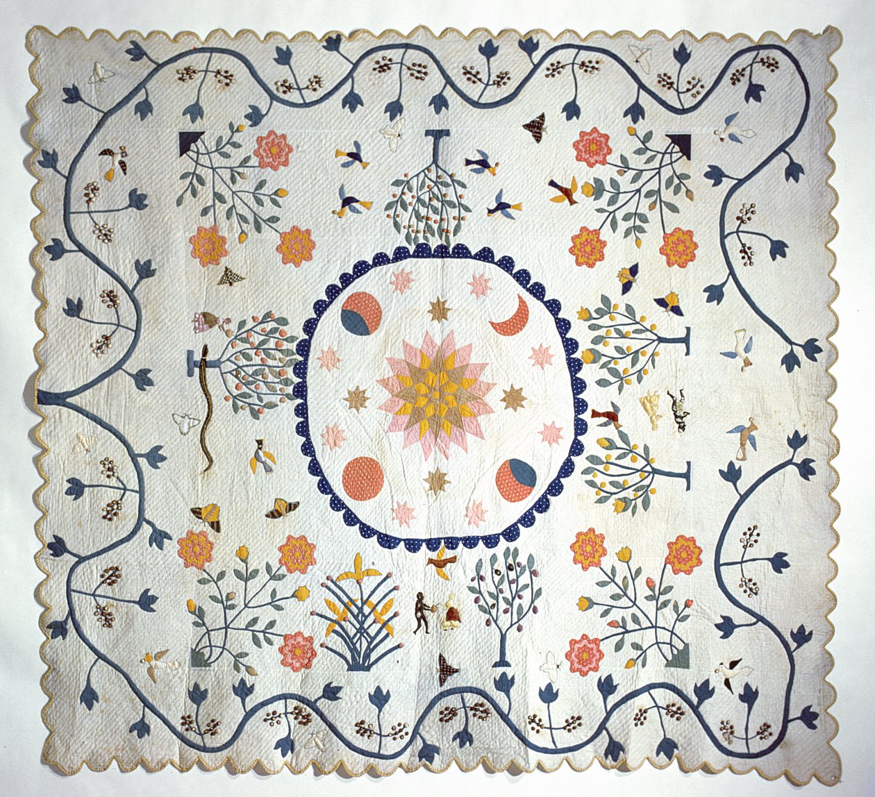 Applikatäcke med Sun, Moon, Stars and the Garden of Eden, från Arkansas, ca 1850-80 (bomull) av American School