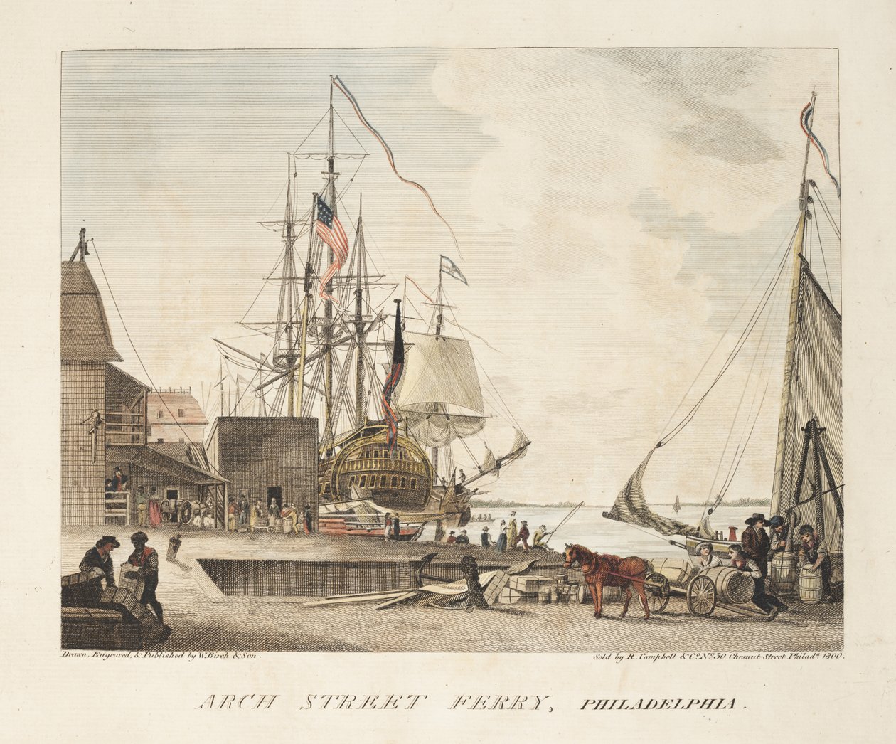 Arch Street Ferry, Philadelphia (färgad gravyr) av American School