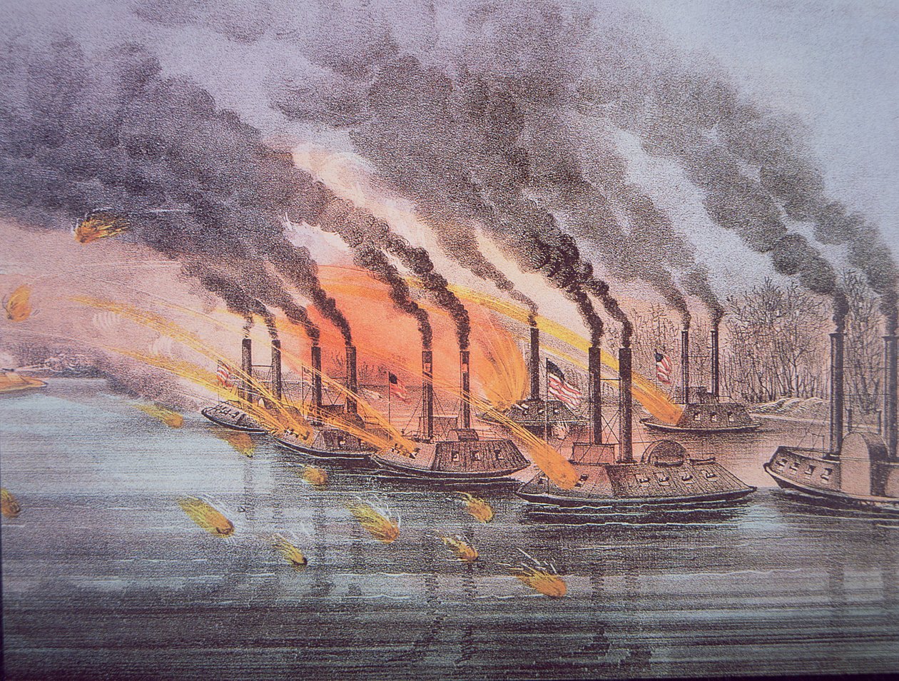 Pansarkanonbåtar under kommando av USA:s flaggofficer Andrew Foote, 6 februari 1862 (färgad gravyr) av American School