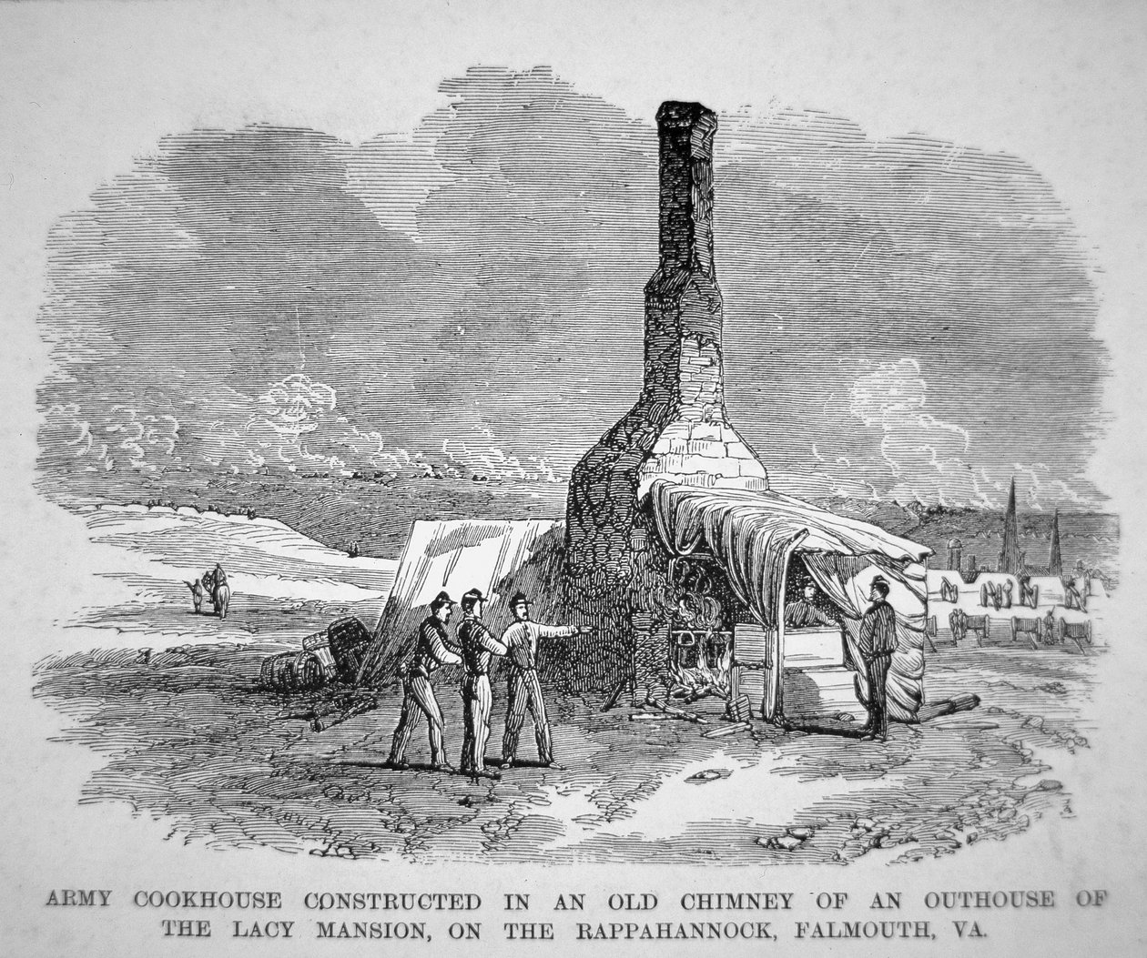 Armékockhus byggt i en gammal skorsten i ett uthus i Lacy herrgård, på Rappahannock, Falmouth, Virginia (gravyr) av American School