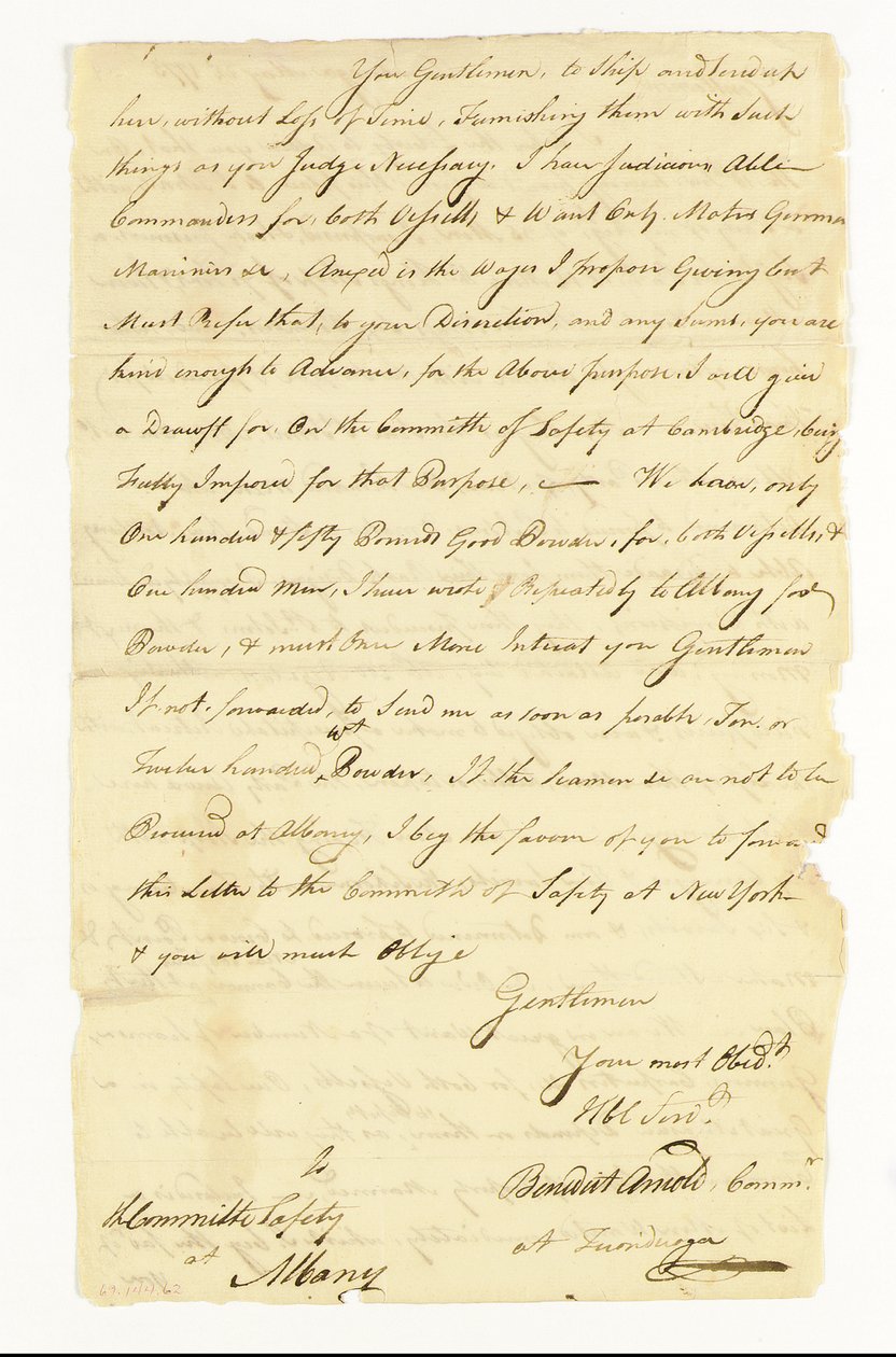 Arnold Benedict (1741-1801) general, kontinental armé, förrädare. Autografbrev undertecknat ("Benedict Arnold Commr. at Ticonderoga") till säkerhetskommittén i Albany, Ticonderoga, 22 maj 1775 (penna och bläck på papper) av American School