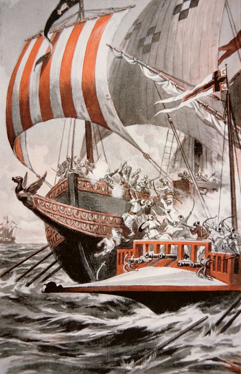 Arouji, Barbarossas bror, attackerar påven Julius II:s skattgalejer 1504 (färglitografi). av American School