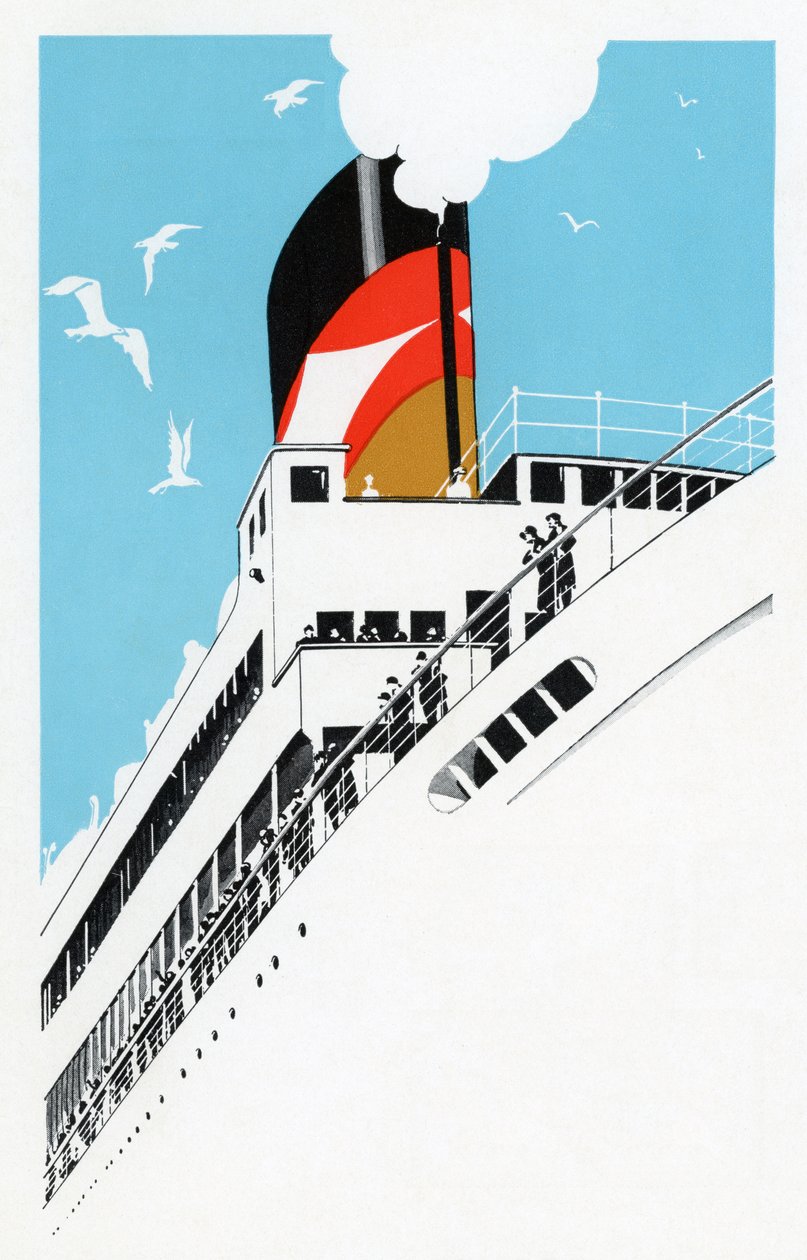 Art déco 1920-talsillustration av ett kryssningsfartyg med passagerare av American School