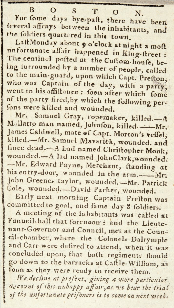 Artikel från Boston Chronicle som beskriver händelserna under Boston-massakern, 5 mars 1770 (tidningspapper) av American School