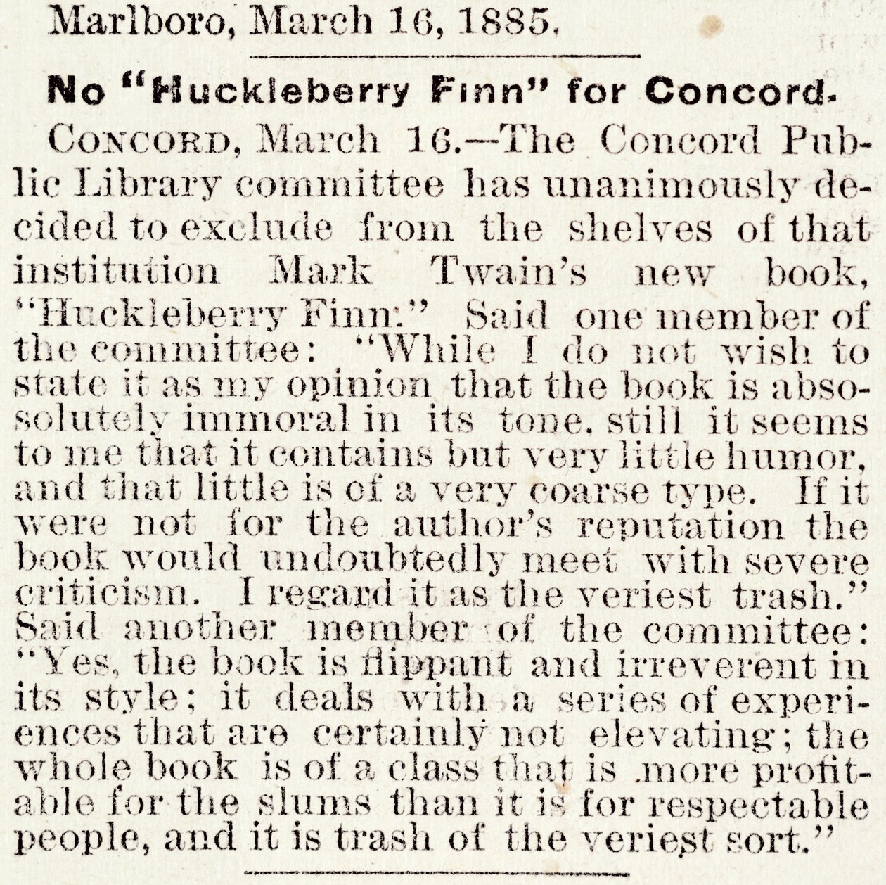 Artikel i Boston Daily Globe om förbudet mot Huckleberry Finn i Concord, Massachusetts, från den 16 mars 1885 (tidningspapper) av American School