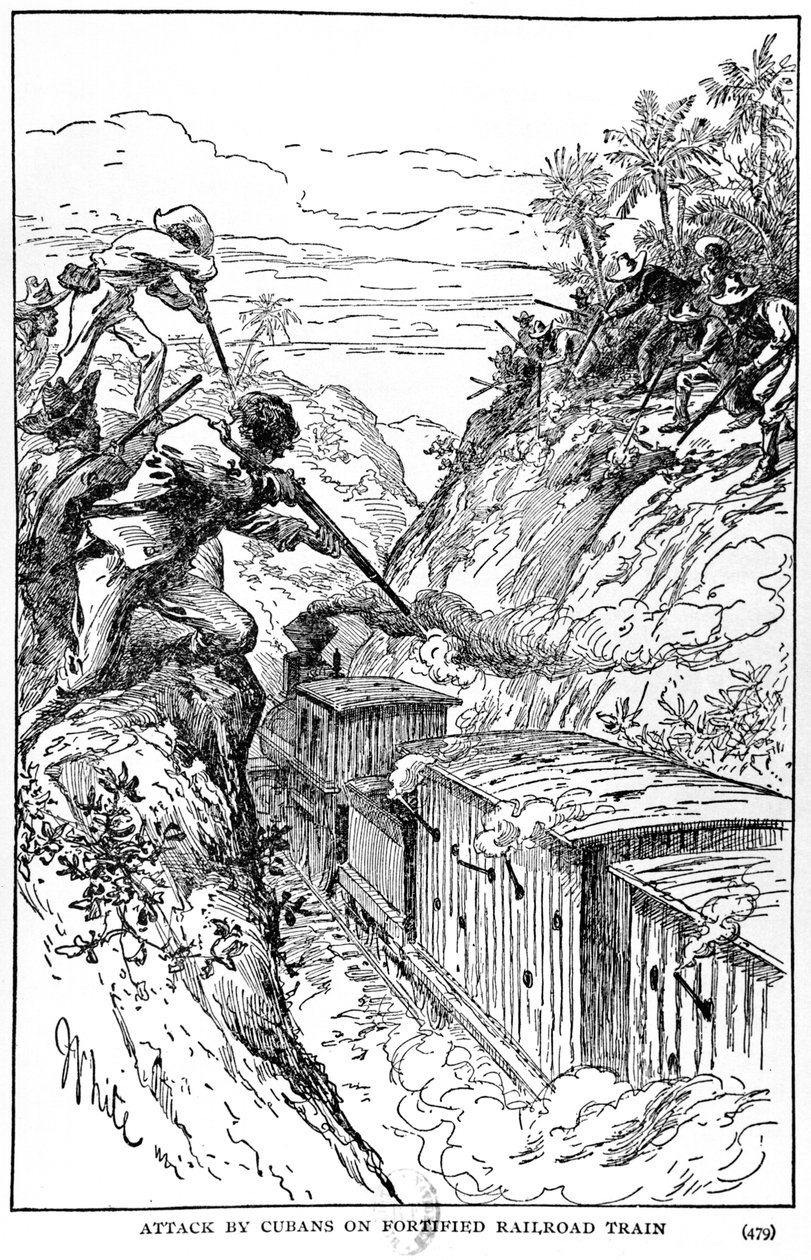 Attack av kubaner på befästa järnvägståg, illustration från The Story of Cuba av Murat Halstead, publicerad 1898 av American School