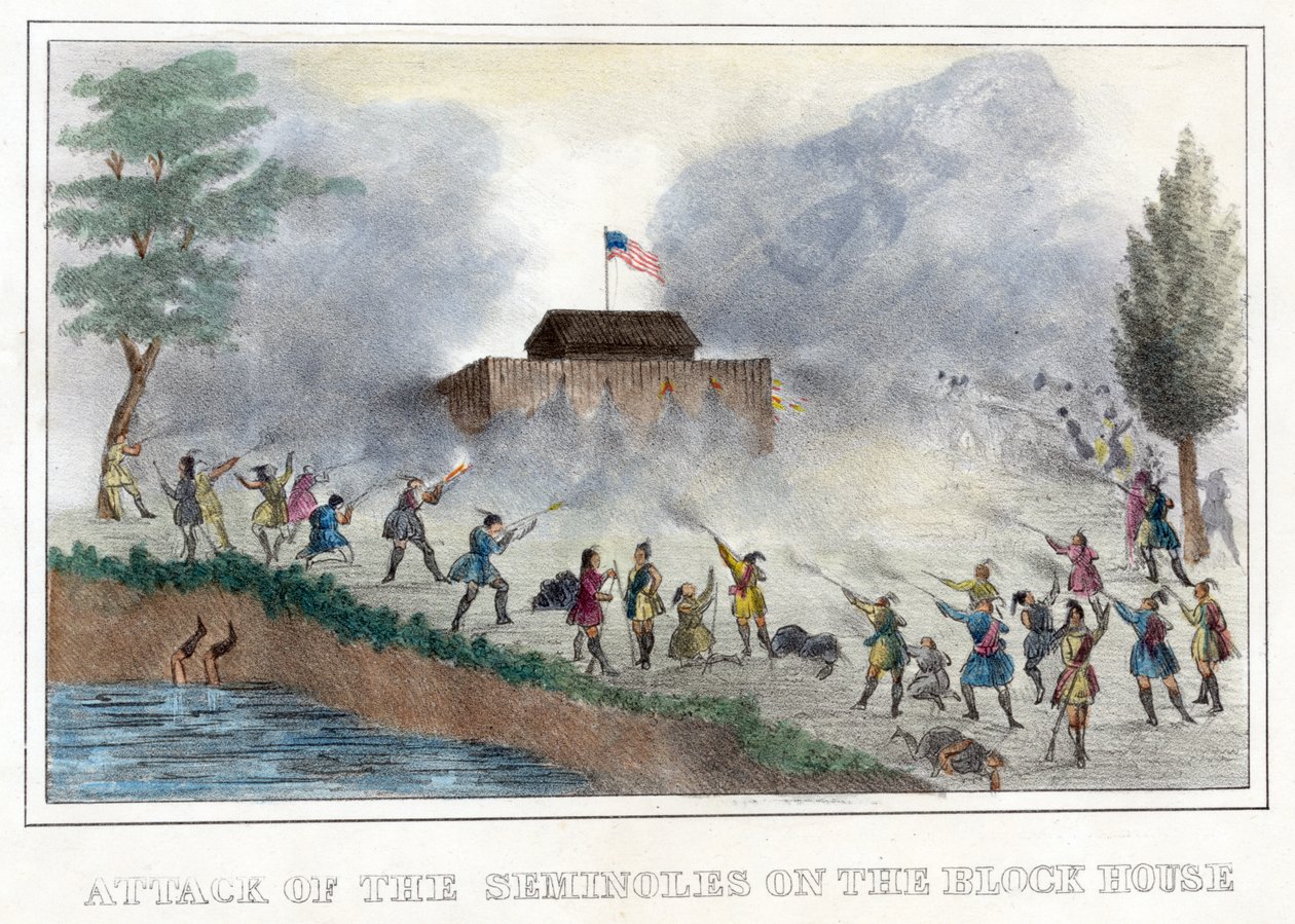 Attack of the Seminoles on the Block House, pub. 1836 (handfärgad gravyr) av American School